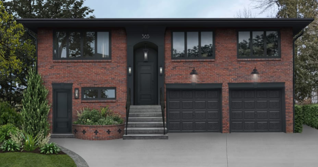 red brick house and black garage doors