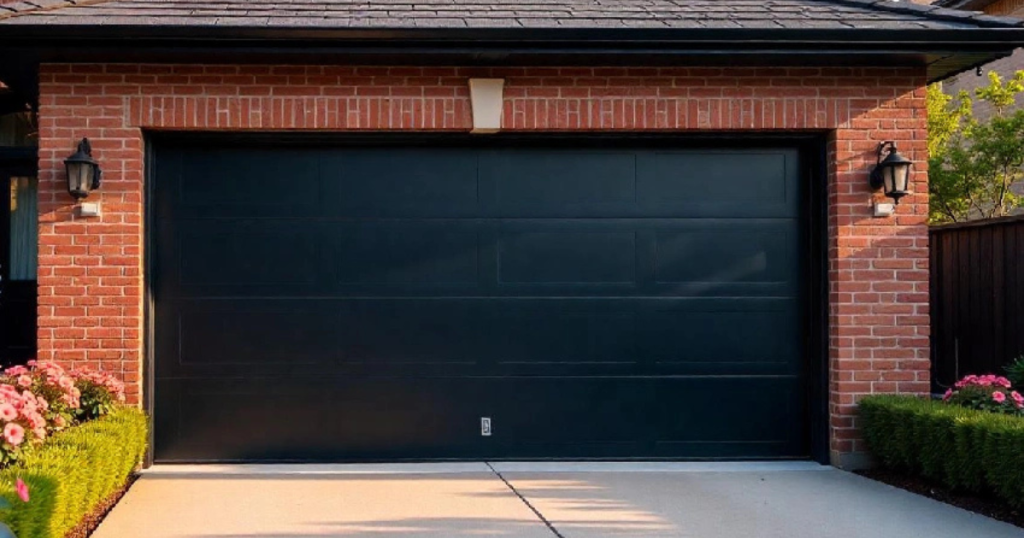 red brick house with black garage door