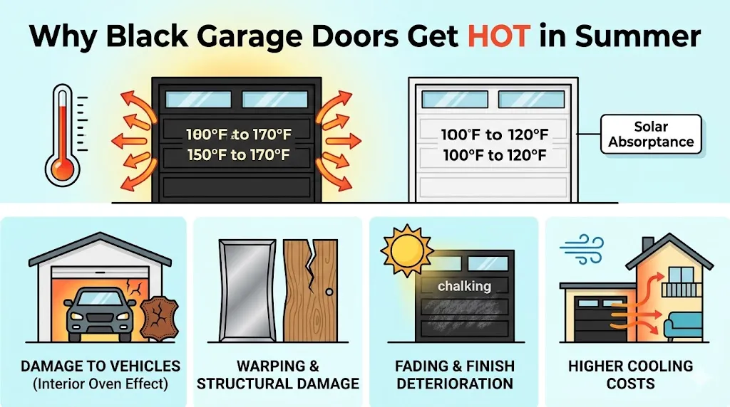 Comparison of black vs. white garage door surface temperatures (150-170°F vs. 100-120°F) and common heat-related risks like warping and fading.