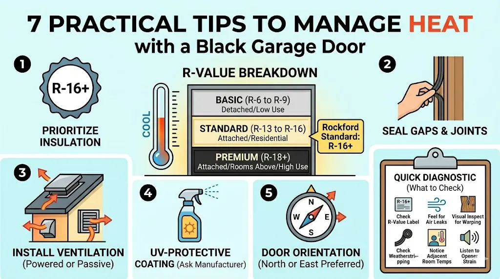7 tips for managing heat in black garage doors, emphasizing R-16 insulation, weatherstripping, ventilation, and material selection.