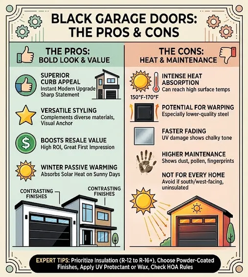 An infographic comparing the pros and cons of black garage doors. Benefits include high curb appeal, good resale value, and absorbing solar heat in winter. Drawbacks involve extreme surface heat absorption in summer, faster fading, and increased cleaning maintenance.