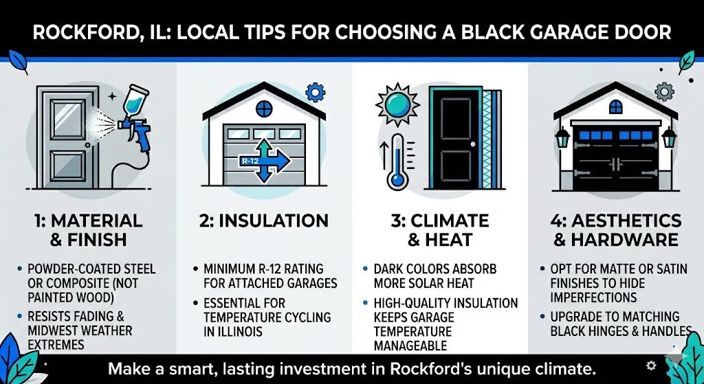  Infographic titled "Rockford, IL: Local Tips for Choosing a Black Garage Door" detailing essential criteria: using powder-coated steel, maintaining a minimum R-12 insulation rating for Illinois winters, managing solar heat, and choosing matte finishes with matching black hardware.

