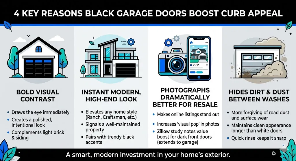 Infographic titled "4 Key Reasons Black Garage Doors Boost Curb Appeal" highlighting benefits: bold visual contrast, instant modern high-end look, better photography for resale value, and hiding dirt and dust between washes.
