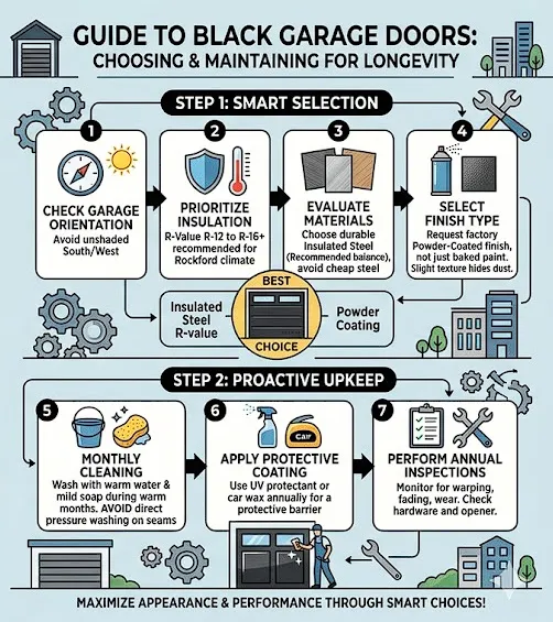 An infographic guide on choosing and maintaining black garage doors for the Rockford, IL climate. Recommendations include checking garage orientation and HOA rules, selecting high R-value insulation and durable materials like powder-coated steel, and using annual UV protectants.