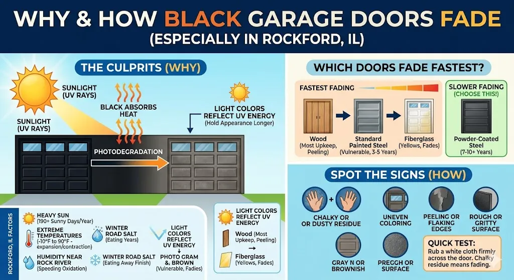 Infographic detailing why black garage doors fade. It covers environmental causes (UV, heat, local climate), material comparisons, and early signs of wear.