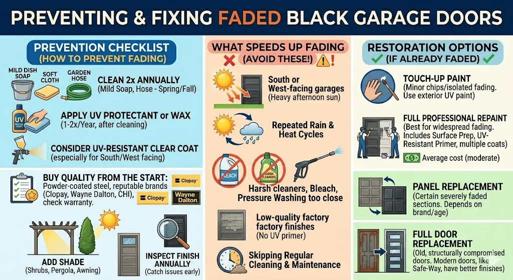 Infographic providing a guide on preventing and fixing faded black garage doors. Sections detail maintenance checklists, environmental factors to avoid, and restoration options.
